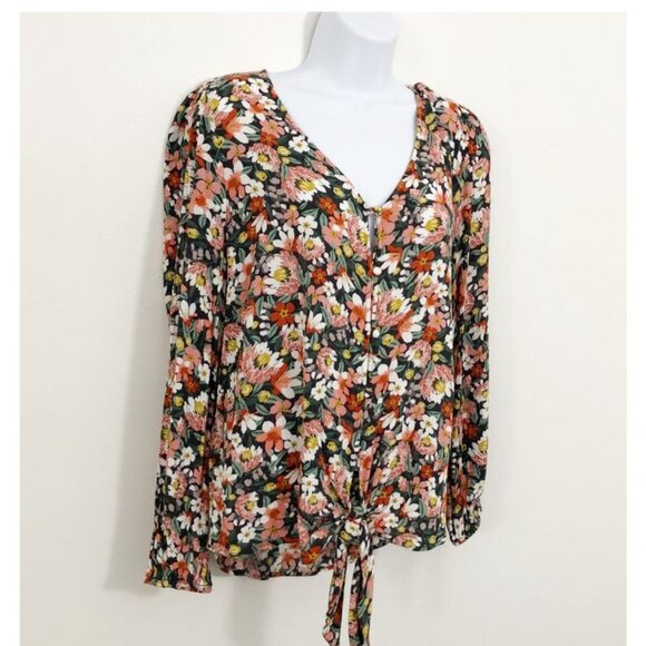 Loft Women Floral Loop Button Tie Front Boho Peasant Blouse Top Size S - Picture 3 of 9